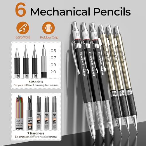 Nicpro 52PCS Art Drawing Supplies Kit, Metal Mechanical Pencil Set 0.5, 0.7, 0.9 & 2mm, 9x12 Sketch Book, 12 Fineliner Pens, 20 Tubes Leads, School Supplies Drawing Kit for Artist Adults Sketching - size: 52