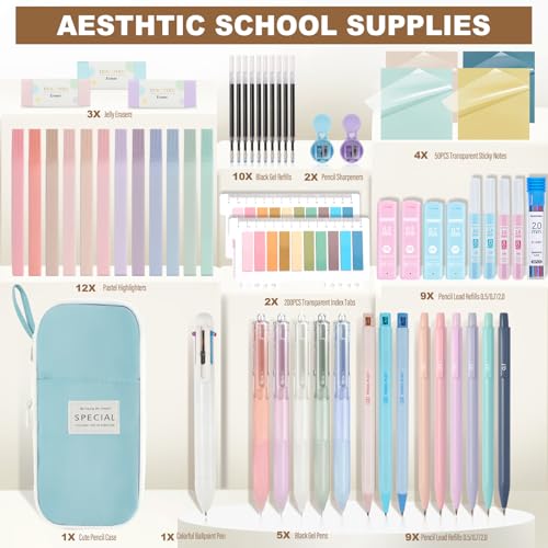58 PCS Aesthetic School Supplies with Cute Pencil Case,12 Pastel Highlighters, 5 Gel Pens Black Ink，9 Mechanical Pencils for，Student Stationary，CollegeEssentials Gifts (Blue) - color: Blue