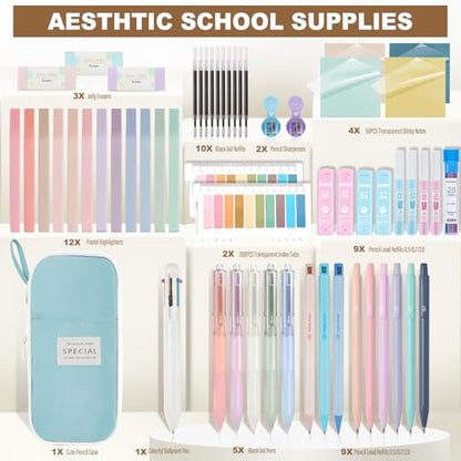 58 PCS Aesthetic School Supplies with Cute Pencil Case,12 Pastel Highlighters, 5 Gel Pens Black Ink，9 Mechanical Pencils for，Student Stationary，CollegeEssentials Gifts (Blue) - color: Blue