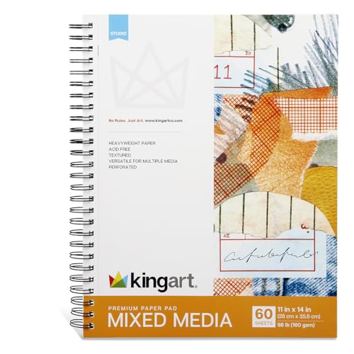 KINGART Mixed Media Paper Pad – 11x14 Inch, 1-Pack – 60 Sheets (98 lb / 160 GSM), Heavyweight Acid-Free Paper – Spiral-Bound Art Pad with Chipboard Backing
