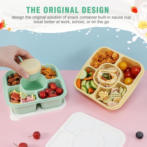 Original Lunchable Snack Containers - 5 Compartments Bento Snack Boxes with 1 Leakproof Small Containers, Wheat Straw, BPA-Free, Set of 2 (Green+Yellow) - color: Green+Yellow