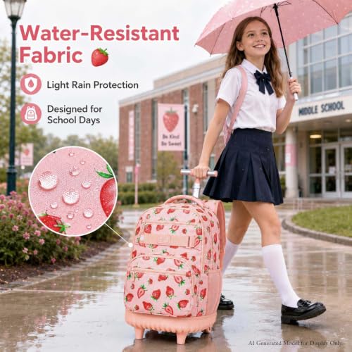 HPJGD Rolling Backpack for Girls, Womens Strawberry School Backpacks with Wheels, Water-Resistant Roller Kids Wheeled Bookbag Set with Lunch Box - color: Pink Strawberry Rolling Set