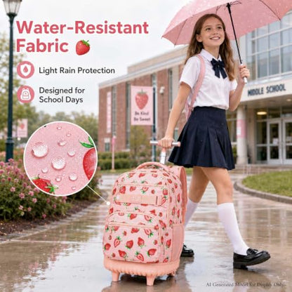 HPJGD Rolling Backpack for Girls, Womens Strawberry School Backpacks with Wheels, Water-Resistant Roller Kids Wheeled Bookbag Set with Lunch Box - color: Pink Strawberry Rolling Set