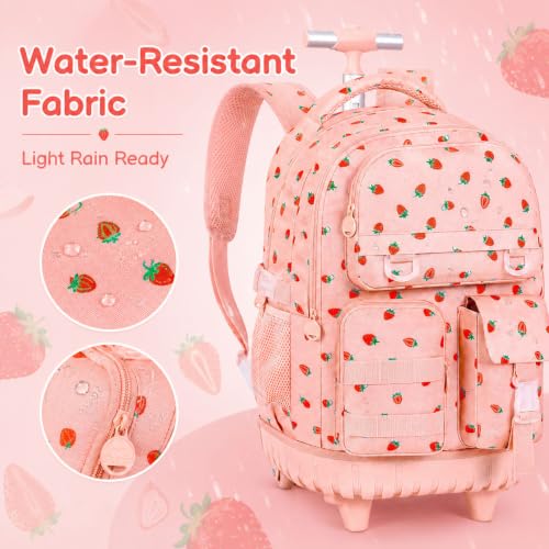 WZLVO 3PCS Wheeled Backpack, Water Resistance Rolling Bookbag for Girls, Women Aesthetic Roller School Bag Set with Lunch Box & Pencil Bag for Teens & Kids - Pink Strawberry - color: 3pcs Girls Rolling Backpack - Pink Strawberry