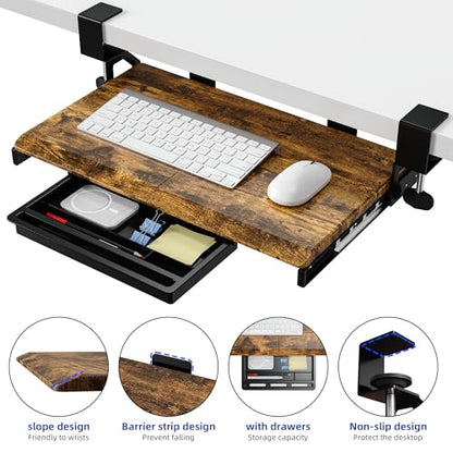 ETHU Keyboard Tray Under Desk, 19.7" X 12.2" Small Size C Clamp Keyboard Drawer Under Desk, Computer Keyboard Stand Slide Pull Out, Ergonomic Keyboard Tray for Home, Office (Wood) - color: Wood, size: 26.77" X 11.81"