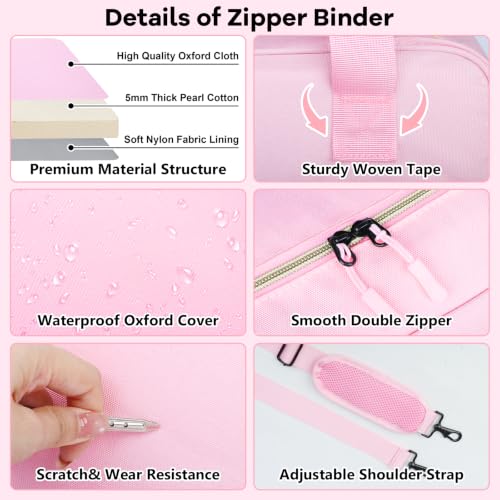 3 Inch D-Ring Zipper Binder Bag, 700 Sheet Capacity Multi-Pockets Organizer, 13 Inch Laptop Carrying Case with Bottle Holder& Shoulder Strap for School Office (Pink) - color: Vibrant Pink