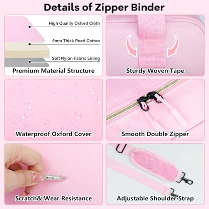 3 Inch D-Ring Zipper Binder Bag, 700 Sheet Capacity Multi-Pockets Organizer, 13 Inch Laptop Carrying Case with Bottle Holder& Shoulder Strap for School Office (Pink) - color: Vibrant Pink