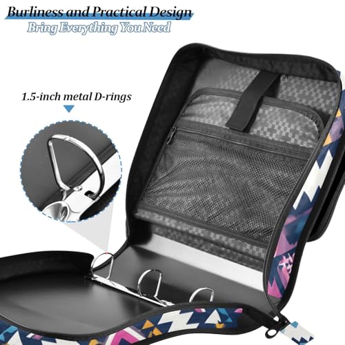 3 Ring Zipper Binder with Shoulder Strap Purple Ethic Aztec Geometric 1.5 inch Binders Keeper Large Capacity Multi Pockets for School Office Supplies - color: Multi143, size: Fit 500 Sheets