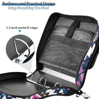 3 Ring Zipper Binder with Shoulder Strap Purple Ethic Aztec Geometric 1.5 inch Binders Keeper Large Capacity Multi Pockets for School Office Supplies - color: Multi143, size: Fit 500 Sheets