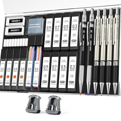 Four Candies 27PCS Metal Mechanical Pencil Set, Art Supplies with Case | 0.3, 0.5, 0.7, 0.9 mm & 2PCS 2mm (HB 2H 2B 4B Color) with 552 Lead Refills, Technical Drafting Drawing Kit for Teen & Adults - style: 0.3mm+0.5mm+0.7mm+0.9mm+2.0mm