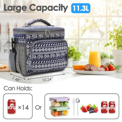 FlowFly Insulated Reusable Lunch Bag Adult Large Lunch Box for Women and Men with Adjustable Shoulder Strap,Front Zipper Pocket and Dual Large Mesh Side Pockets,Elephant - color: Elephant