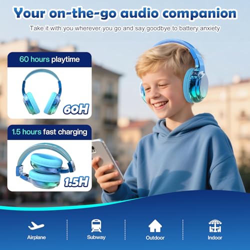 QearFun Kids Bluetooth Headphones, 60H Playtime, 74/85/94dB Safe Volume Limit, Metallic Gradient Wireless Headset with HD Mic, Fast Charging, Foldable, Wired 3.5mm Mode for School/Tablet/Travel - color: Blue
