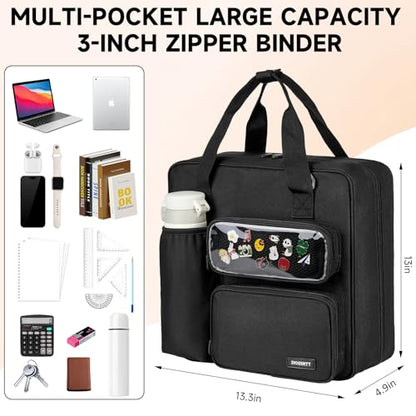 Zipper Binder 3 Ring with Ita Window,700 Sheets Capacity, Binder 3 Inch with Shoulder Strap Fits 13 Inch Laptop for School and Office,Black - color: Black（model B）