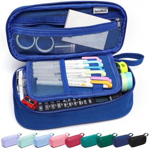 SPACEMATE Pencil Case Pouch Box Bag School Supplies Girls Boys Kids, Cute Preppy Stuff Large Big Capacity Aesthetic Pen Organizer, Back to College Stationary, Sapphire Blue, Heavy Duty Canvas, 1800ml - color: Sapphire Blue