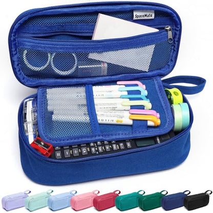 SPACEMATE Pencil Case Pouch Box Bag School Supplies Girls Boys Kids, Cute Preppy Stuff Large Big Capacity Aesthetic Pen Organizer, Back to College Stationary, Sapphire Blue, Heavy Duty Canvas, 1800ml - color: Sapphire Blue