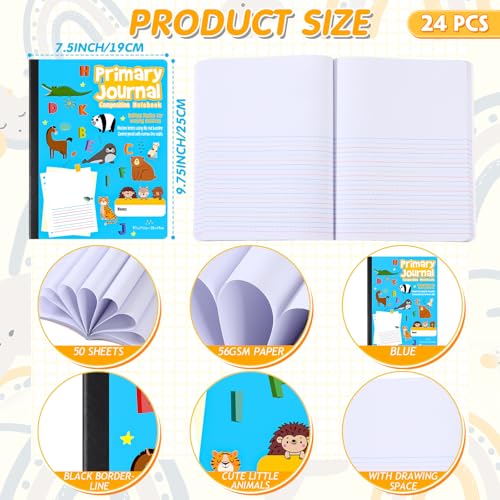 Watersay 24 Pcs Primary Composition Notebook K-2 with Picture Space Primary Journal Grades K-2 Animal Print 50 Sheet (100 Pages) Drawing and Writing Notebook for Preschool, 1st 2nd Grade (Blue Color) - color: Blue Color