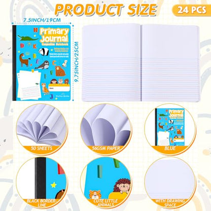 Watersay 24 Pcs Primary Composition Notebook K-2 with Picture Space Primary Journal Grades K-2 Animal Print 50 Sheet (100 Pages) Drawing and Writing Notebook for Preschool, 1st 2nd Grade (Blue Color) - color: Blue Color