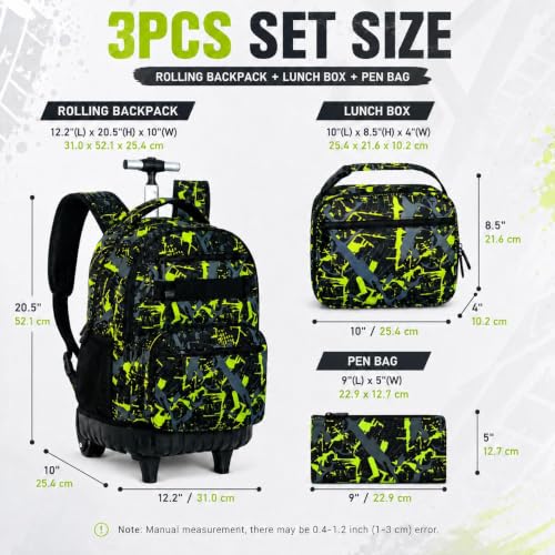 3Pcs Rolling Backpack for Boys, Men Roller Bag with Wheels for Adults, 19 Inche Graffiti Wheeled Bookbag with Lunch Box(Green) - color: Graffiti Green