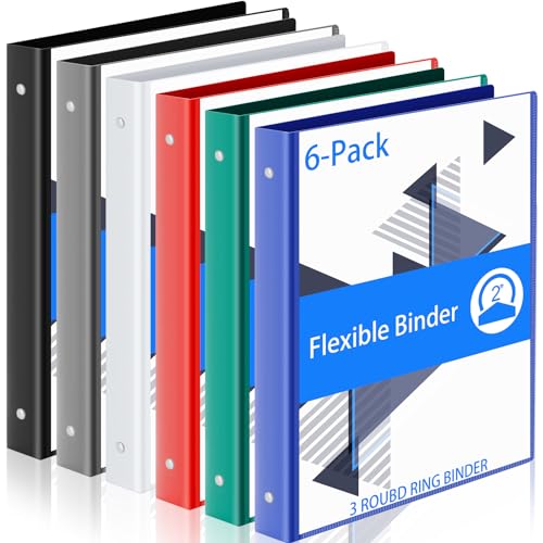 Fulmoon 6 Pack Plastic 3 Ring Binder Assorted Colors Economy Flexible Round Ring Presentation Binders with Pocket for Office School Meeting(2 Inch,Classic Colors) - color: Solid, size: 2 Inch
