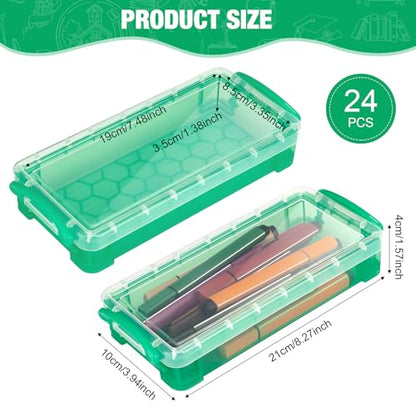 Gueevin 24 Pcs Large Capacity Plastic Pencil Box Clear Plastic Pencil Case Crayon Box with Snap Tight Lid Watercolor Pen Storage Brush Organizer Drawing Tools Container (Green) - color: Green
