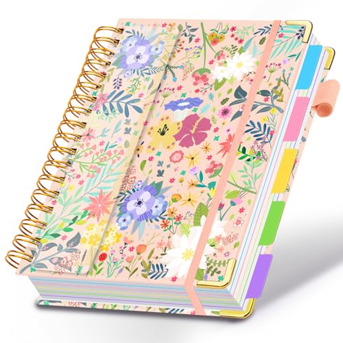 Spiral Journal Notebooks for Work, 300 Pages 5 Subject Notebook College Ruled with Dividers & Tabs, Notebook Journal for Women Students Note-Taking and Organizer (Beige Bloom, 8.5''x 11'') - color: Beige Bloom, size: 8.5''x 11''