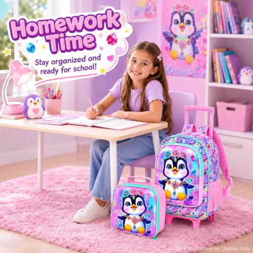 3Pcs Rolling Backpack for Girls, Kids Roller School Backpack with Wheels, Penguin Wheeled Bookbag for Elementary Preschool Kindergarten(Pink) - color: Penguin Pink