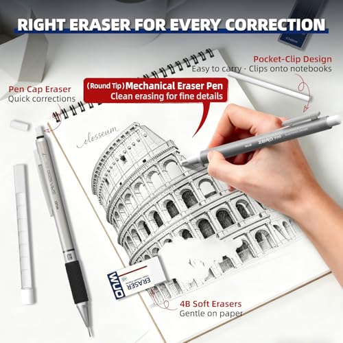 WUO 0.7mm Mechanical Pencil Set in Storage Case, 6PCS Metal Drafting Pencils with 360 HB Lead Refills, 1 Eraser Pen, 3PCS 4B Erasers, 12 Eraser Refills for Student Artist Writing, Drawing, Sketching