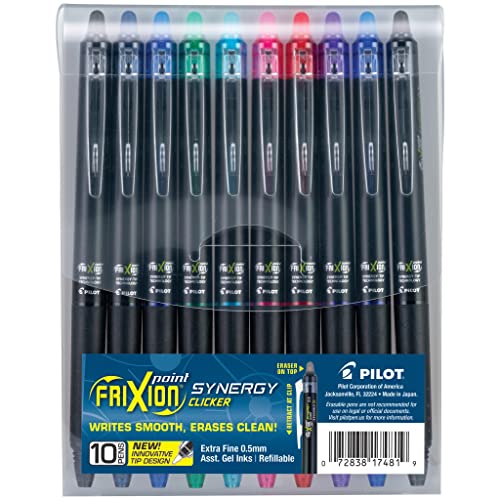 Pilot FriXion Synergy Clicker Erasable, Refillable, Retractable Gel Ink Pens, Extra Fine Point 0.5 mm, Pack of 10, Assorted Colors, FriXion Erasable Pens 0.5 - Ideal for School & Office Writing - color: Vibrant 10