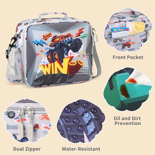 rockpapa Kids Lunch Box Set with 14oz Insulated Water Bottle & Lunch Bag, Leakproof 5.5 Cups Bento Box for School & Children, BPA-Free, Microwave Safe for Boys Girls (Grey Trucks) - color: Grey Trucks