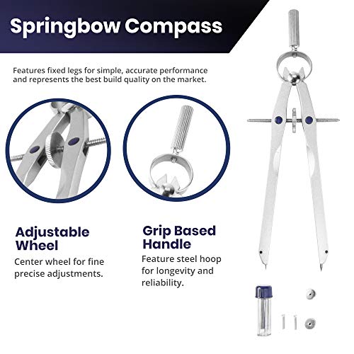 Pacific Arc Metal Professional Compass, Perfect Spring Bow Compass for Math, Geometry, or Drafting, Up to 8" Diameter Large, Comes with Lead and Lock - style: Spring Bow