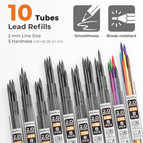 Nicpro 3 Pack 2.0 mm Mechanical Pencil Set with Case for Architects | Include: Drafting Pencil with 2mm Graphite Lead Refill(HB 2H 4H 2B 4B), Sharpeners, Erasers for Artist Writing, Drawing - color: Silver