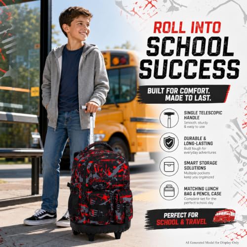 CCJPX 3Pcs Rolling Backpack for Boys, Roller Wheeled School Bookbag, Graffiti Wheels Backpacks with Lunch Box for Kids (Red) - color: Graffiti Red