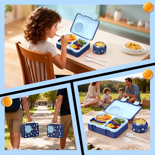 Bento Lunch Box for Kids Adult, Leakproof 3-4 Compartment Bento Box Set with Insulated Food Jar,Water Bottle, Lunch Bag, School Lunch Container for Toddler Teen Girls Boys Ages 3+(Football) - color: Football