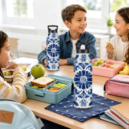 Water Bottles with Straw,Blue Flower Stainless Steel Cup Leak Resistant Double Wall Ethnic Paisley Insulated Water Bottle with Handle for Gym Cycling Hiking Office 20 oz - color: Blue Flower,Ethnic Paisley