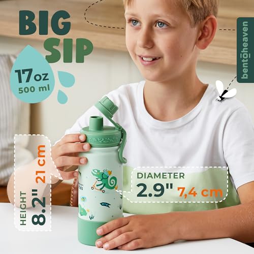 Bentoheaven Kids Water Bottle Stainless Steel for Boys & Girls, Green | Reusable 17 oz insulated metal tumbler with 2 lids (chug and straw), leakproof design, silicone boot for school and sports. - color: Green
