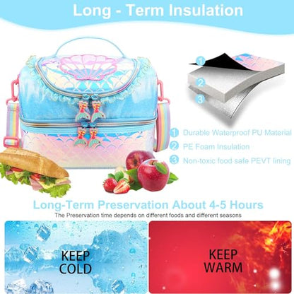 RHCPFOVR Kids Lunch Bag - Double - Decker Cooler Insulated Lunch Box for Boys Girls Women,Washable Lunch Bag with Strap and Reusable Toddler Lunchbox for School and Daycare - color: Blue Mermaid