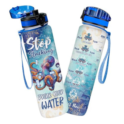 Octopus 32oz Water Bottle with Time Marker – Funny Stop Slacking Drink Your Water Ocean Animal Hydration Tracker Bottle, Sea Animal Gift for Octopus Lovers - color: Octopus