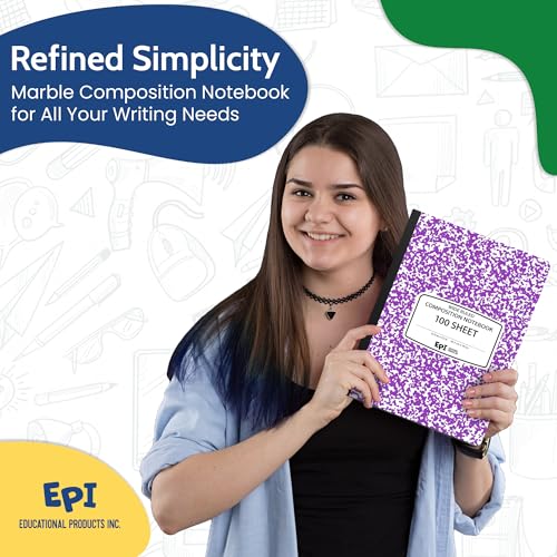 4 Pack - EPI Wide Ruled Marble Composition Notebook - Purple 200 Page Note Book - 9.75 x 7.5 Inch Hardcover Journal with Sewn Binding for Secure Pages - Classroom Back to School Supplies - color: Purple, size: 4