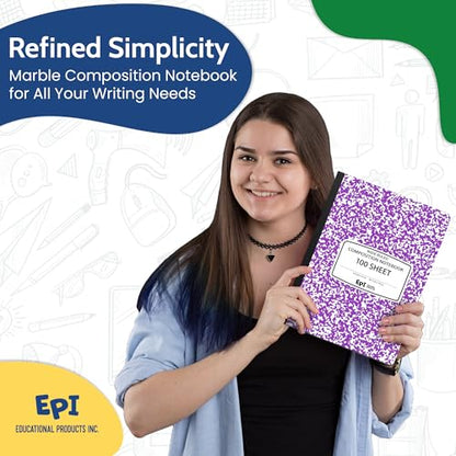 12 Pack - EPI Wide Ruled Marble Composition Notebook - Purple 200 Page Note Book - 9.75 x 7.5 Inch Hardcover Journal with Sewn Binding for Secure Pages - Classroom Back to School Supplies - color: Purple, size: 12