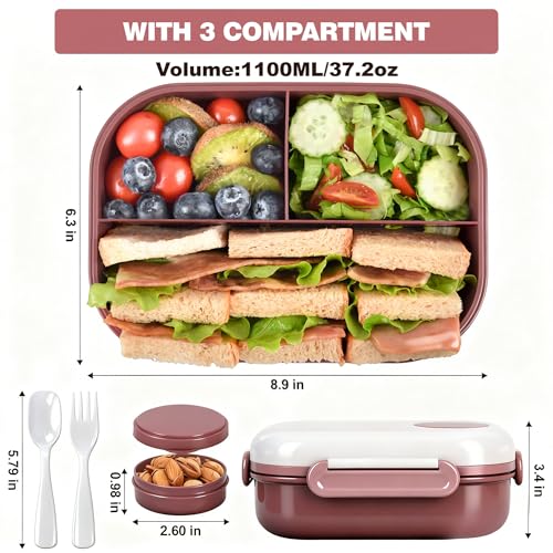 Lunch Box for Women, Kids & Men, Leak-Proof 3-Compartment Bento | Insulated bag, utensils & sauce container included; BPA-free; Microwave & dishwasher safe; Ideal for school, work & travel. - color: Red