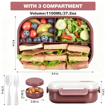 Lunch Box for Women, Kids & Men, Leak-Proof 3-Compartment Bento | Insulated bag, utensils & sauce container included; BPA-free; Microwave & dishwasher safe; Ideal for school, work & travel. - color: Red
