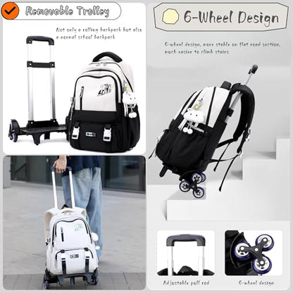 Black Rolling Backpack for Girls Boys Elementary Middle School Bags, Kids Wheeled Boys Girls Backpack with 6 Wheels, Black - color: 6 Wheels-01-black, style: 6 Wheels