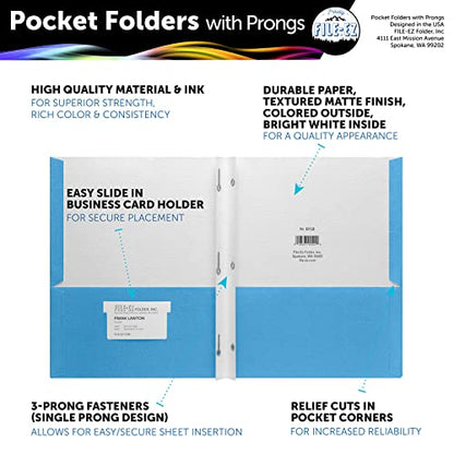 FILE-EZ Two-Pocket Folders with 3-Prong Fasteners, Light Blue Color, 25-Pack, Durable Textured Paper, Matte Finish, Letter Sheet Size (EZ-92520) - color: Light Blue