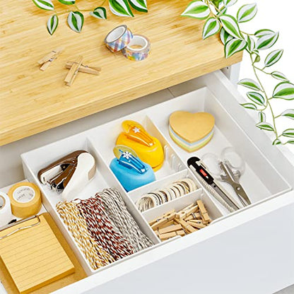 CAXXA 2PK - 3 Slot Drawer Organizer with Two Adjustable Dividers - 5 Compartments Drawer Storage Junk Drawer Organizer for Office Desk Supplies and Accessories, White