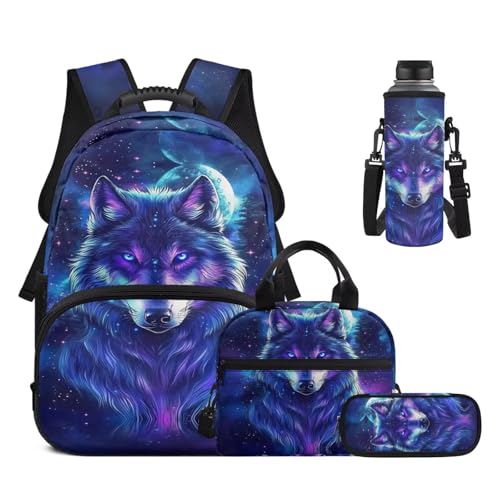 Galaxy Wolf Backpack with Lunch Box for Elementary Boy Back to School Supplies, Perple 17 Inch 4 Pcs Bookbag with Wider Strap to Reduce Shoulder Pressure - color: Galaxy Wolf