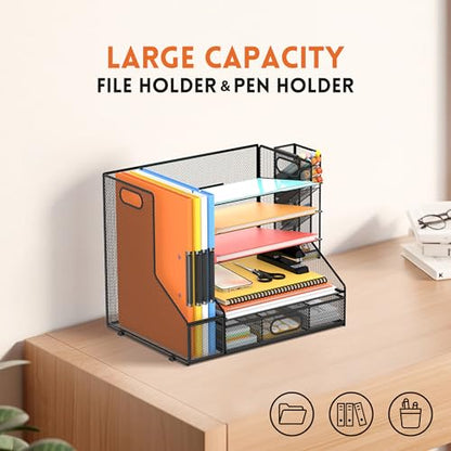 5-Tier Desk Organizer with File Holder & Pen Holder & Sliding Drawer, Black | Mesh Metal Paper Letter Tray for Papers, Mail, Office Supplies, and Desk Accessories - color: Black