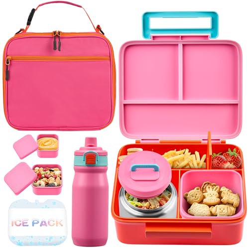 Bento Lunch Box for Kids with Thermo, Leakproof Bento Box with 8oz Insulated Food Jar, Insulated Bottle, Lunch Bag, BPA Free Dishwasher Safe 4 Compartment Container for School Girls Boys (Pink) - color: Pink