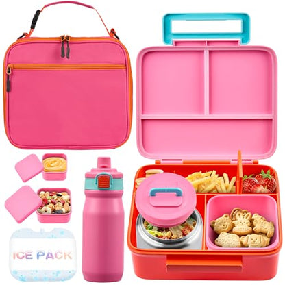 Bento Lunch Box for Kids with Thermo, Leakproof Bento Box with 8oz Insulated Food Jar, Insulated Bottle, Lunch Bag, BPA Free Dishwasher Safe 4 Compartment Container for School Girls Boys (Pink) - color: Pink