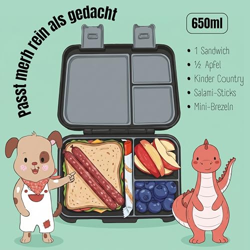 BEARFOOT Kids Lunch Box with Compartments – Compact & Lightweight | Leak-Proof, BPA-Free, Dishwasher Safe | Hand-Drawn Design for Preschool, School, Travel (Game Black, 2.75 Cups) - color: Game-Black, size: 2.75 Cups