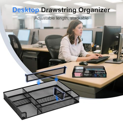 Desk Drawer Organizer, 2 Pack Junk Drawer Organizer Tray with 2 Adjustable Compartments, Desktop Metal Mesh Office Desk Organizer, Multifunction Pen Organizer Set for Office School Makeup Supplies (2)